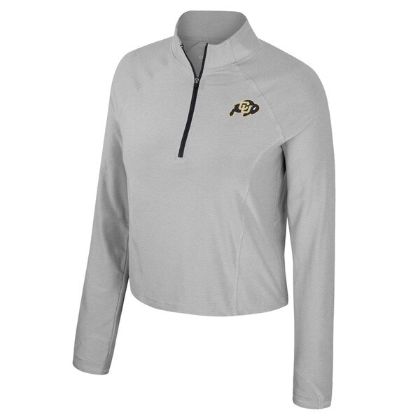 Light gray women's quarter-zip pullover featuring a small embroidered Colorado Buffaloes logo on the left chest, with a black zipper and long sleeves.